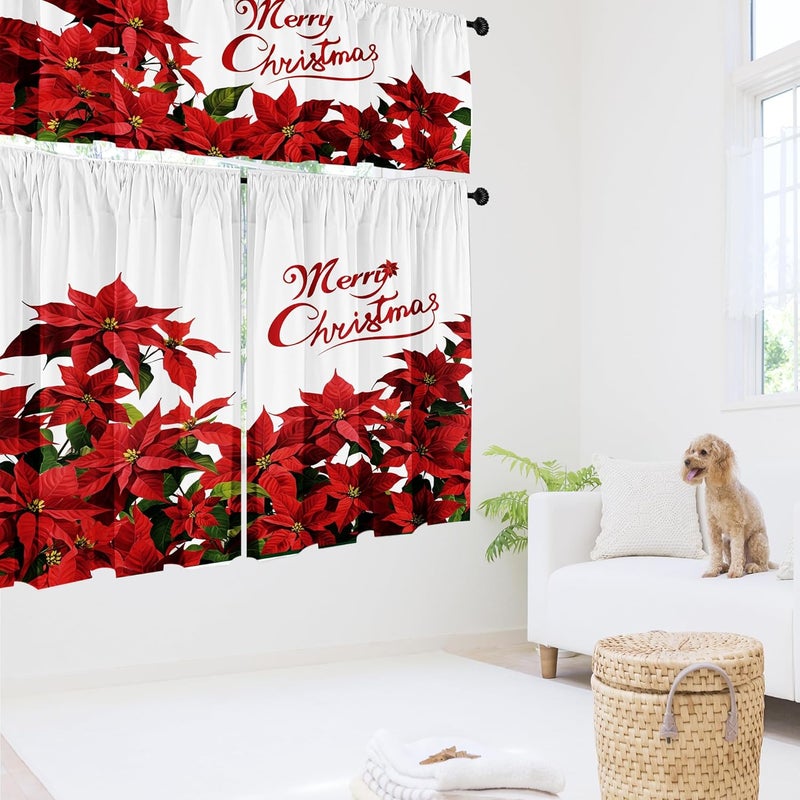 SUNWISHA Christmas Poinsettia Curtain Valances Set Upper Curtain 52'' Lx18'' W & Lower 36'' L x 26'' W x2 Merry Christmas Romantic Flowers - Kitchen/Bedroom Decor Red - Image 3